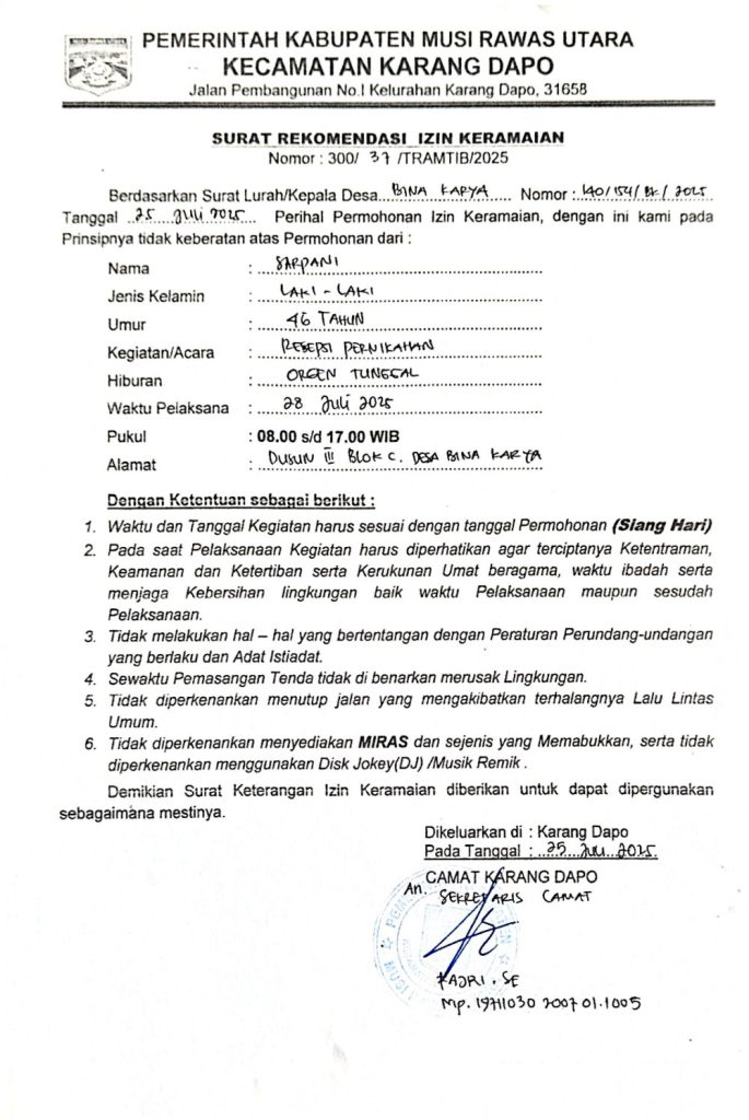 Rekomendasi Izin Keramaian a.n Sarpani