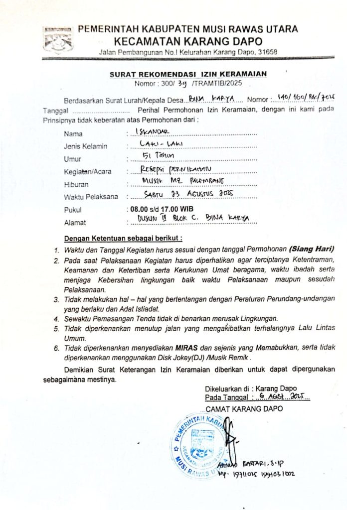 Surat Rekomendasi Izin Keramaian a.n Iskandar
