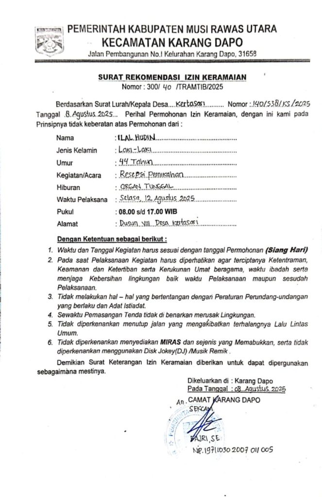 Surat Izin Keramaian a.n Ilal Hudin