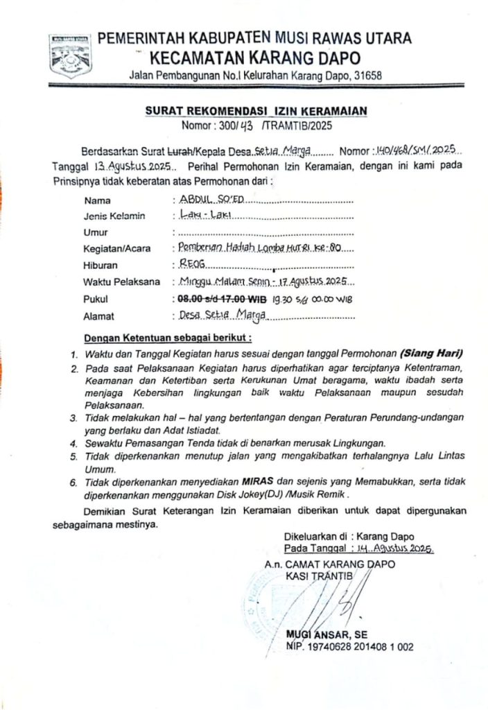Surat Izin Keramaian Desa Setia Marga a.n Abdul Soed