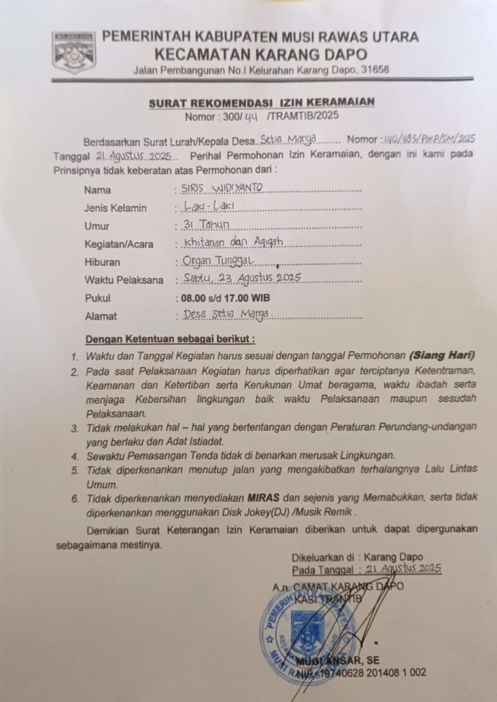 Surat Rekomendasi Izin Keramaian a.n SIRIS WIDIYANTO
